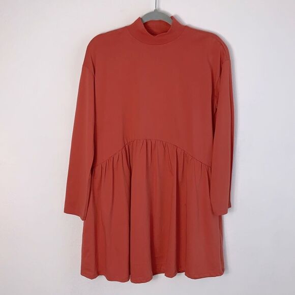 NWT ASOS Mock Neck Orange Flowy Babydoll Oversized Long Sleeve Cotton Dress Sz 2 - Picture 1 of 7